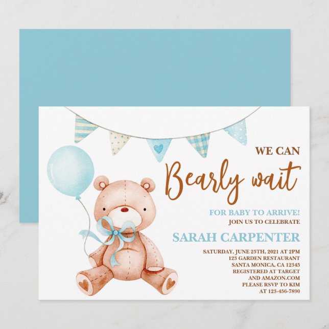 Invitación Teddy Bear Baby Shower Boy (Anverso / Reverso)