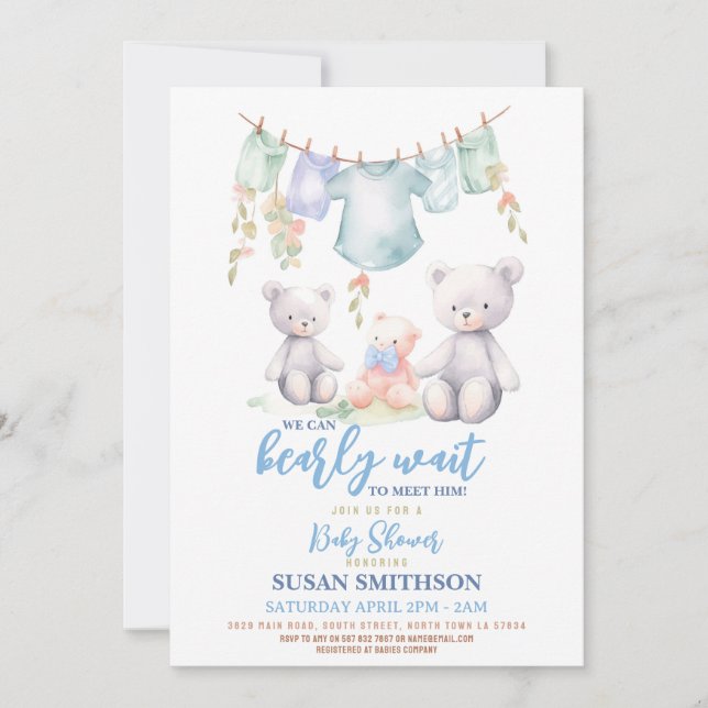 Invitación Teddy Bear Baby Shower Boy Blue Apenas Espere (Anverso)