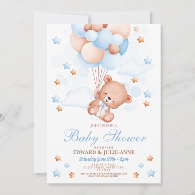 Invitación Teddy Bear Baby Shower Boy Blue Fiesta (Anverso)