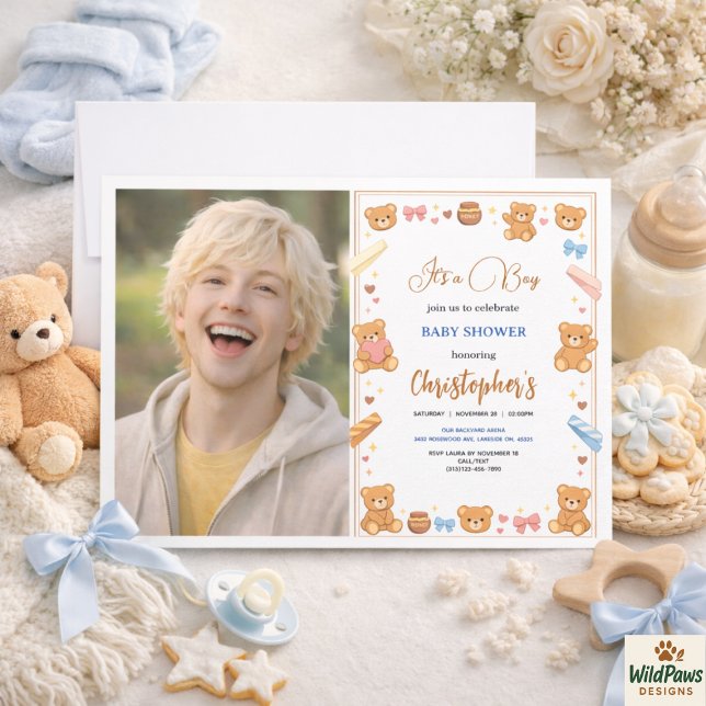 Invitación Teddy Bear Baby Shower Boy | Cute Blue Bear  (Teddy Bear Baby Shower Boy | Cute Blue Bear Invitation
)