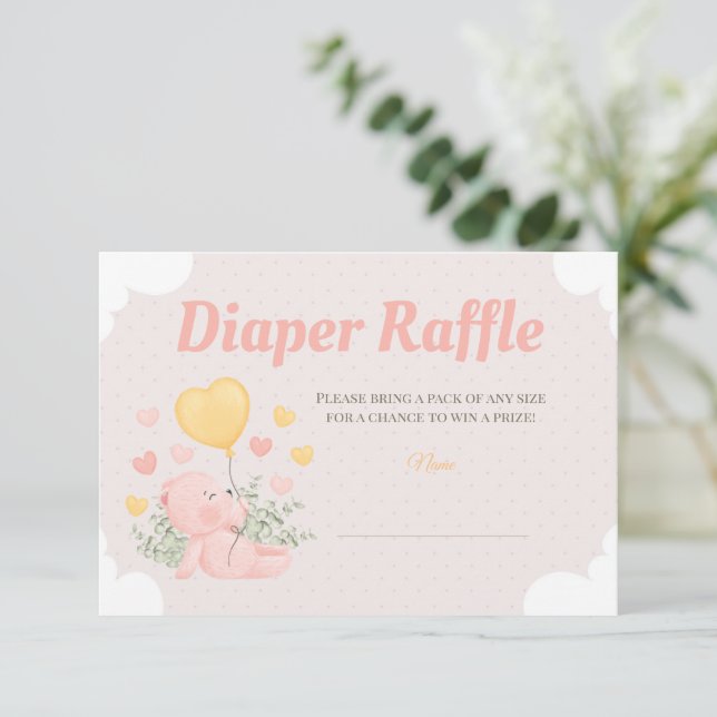 Invitación Teddy Bear Baby Shower Chica Diaper Raffle Card (Anverso de pie)