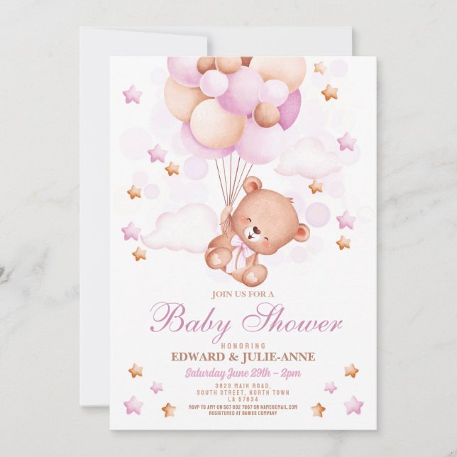 Invitación Teddy Bear Baby Shower Chicas rosados Fiesta (Anverso)