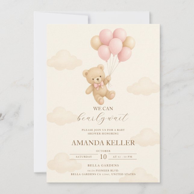 Invitación Teddy Bear Baby Shower de globo rosa (Anverso)