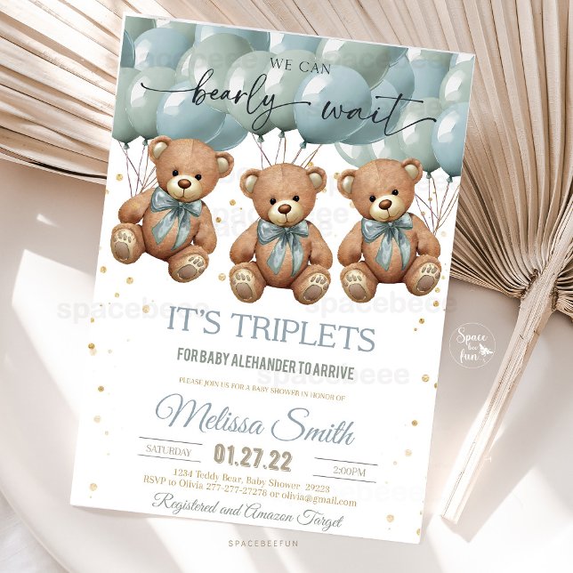 Invitación Teddy Bear Baby Shower es TRIPLETS (teddy bear baby shower, triplets baby shower invitation, we can bearly wait triplets, baby shower in)