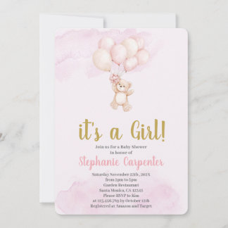 Invitación Teddy bear baby Shower Girl