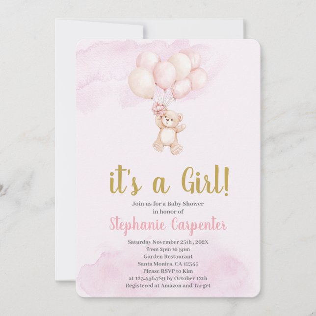 Invitación Teddy bear baby Shower Girl (Anverso)