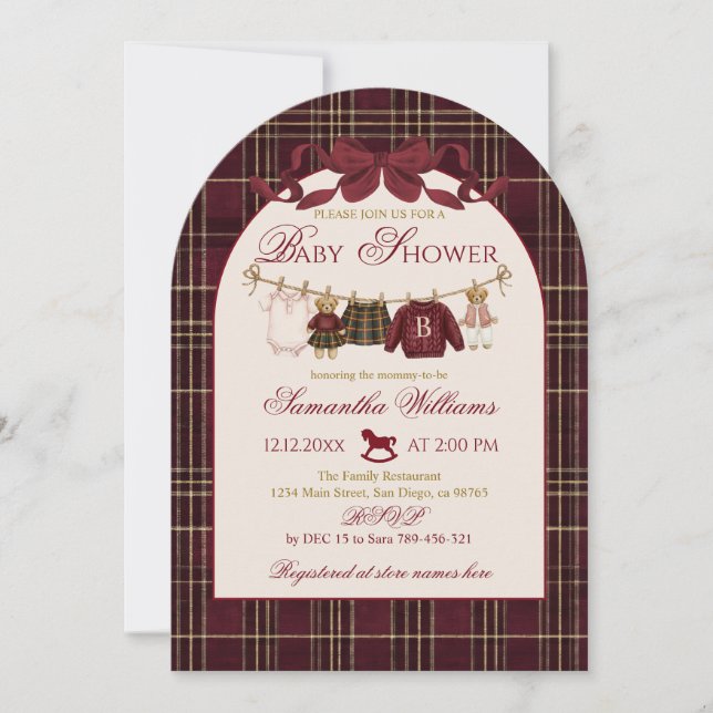 Invitación Teddy Bear Baby Shower Girl Plaid Burgundy Bow  (Anverso)