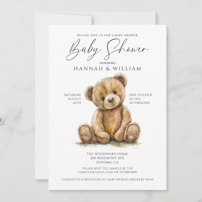 Invitación Teddy Bear Baby Shower invita a la neutralidad de  (Anverso)