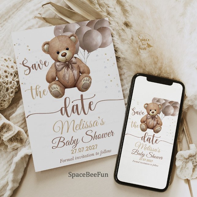 Invitación Teddy Bear Baby Shower Invite a guardar la fecha (Teddy Bear,Baby Shower,Invitation,We Can Bearly Wait,Boy invites,hot air balloon,save she date,Bear )