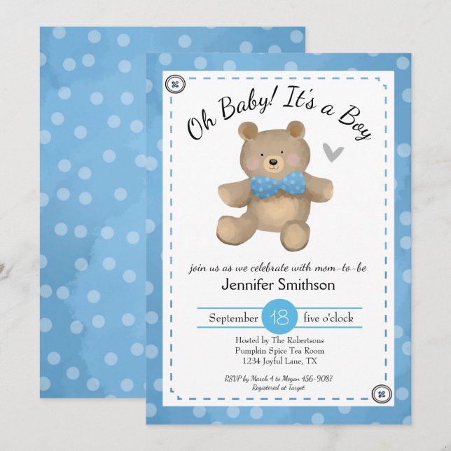 Invitación Teddy Bear Baby Shower Oh Baby (Anverso / Reverso)
