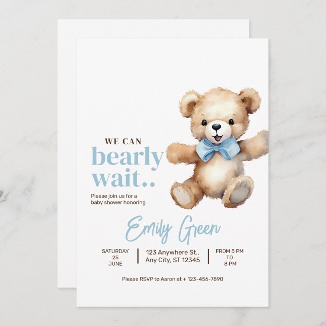 Invitación Teddy Bear Baby Shower, Podemos Esperar A Un Niño (Anverso / Reverso)