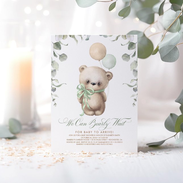 Invitación Teddy Bear Baby Shower Sage Green y Brown (We Can Bearly Wait - Cute Bear Themed Beige and Sage Baby Shower Invitations)
