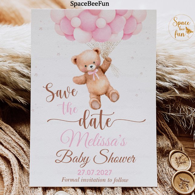 Invitación Teddy Bear Baby Shower Salva la fecha en que podem (teddy bear baby shower,save the date,baby shower girl,bear invitation,boho bohemian bear,we can b)