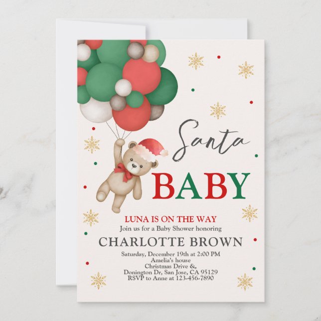 Invitación Teddy Bear Baby Shower, Santa Baby Shower (Anverso)