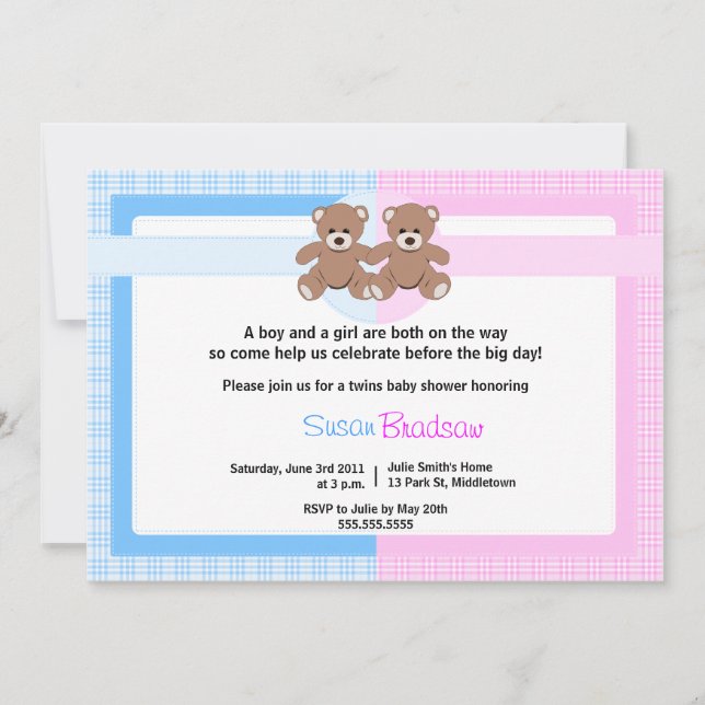 Invitación Teddy Bear Baby Shower - Twin Boy y Chica (Anverso)
