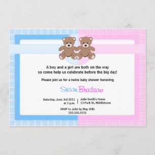 Invitación Teddy Bear Baby Shower - Twin Boy y Chica