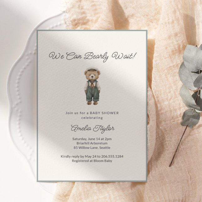 Invitación Teddy Bear Baby Shower Vintage Bearly Wait Boy (Subido por el creador)
