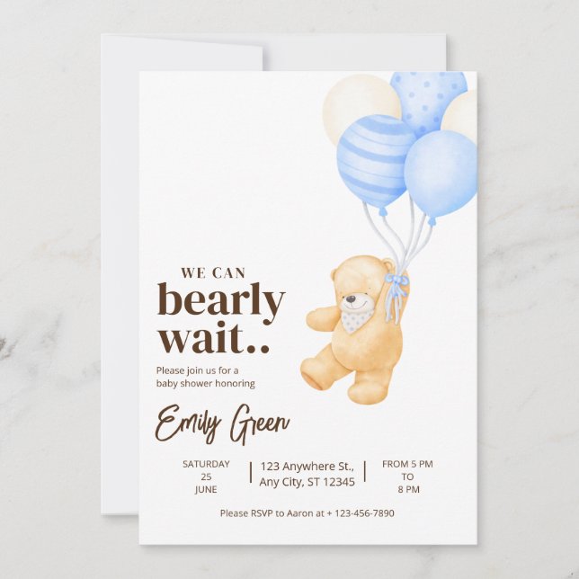 Invitación Teddy Bear Baby Shower We Can Bearly Wait Mínimo (Anverso)