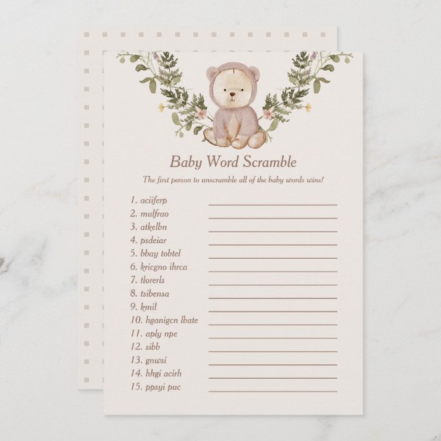 Invitación Teddy Bear Baby Word Scramble Game Template (Anverso / Reverso)