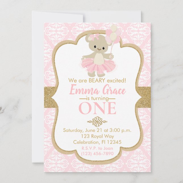 Invitación Teddy Bear Ballerina Primer Cumpleaños (Anverso)
