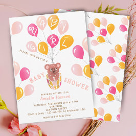 Invitación Teddy Bear Balloon Baby Girl Baby Shower