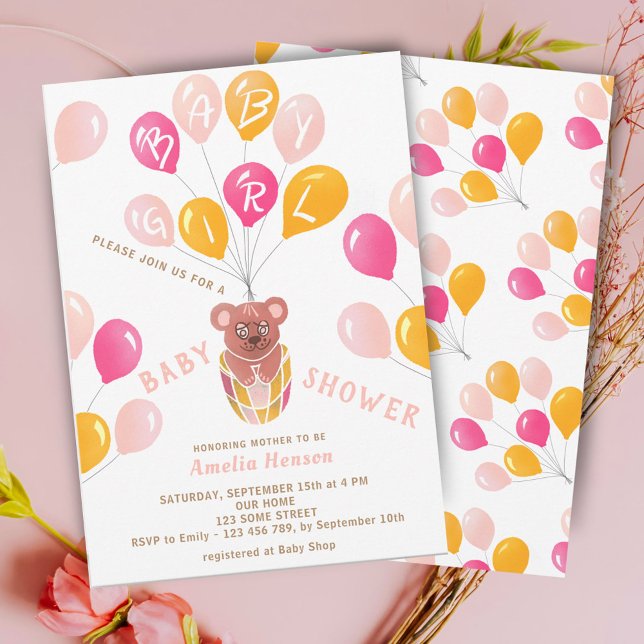 Invitación Teddy Bear Balloon Baby Girl Baby Shower (Subido por el creador)