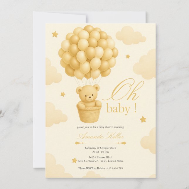 Invitación Teddy Bear Balloon Baby Shower (Anverso)