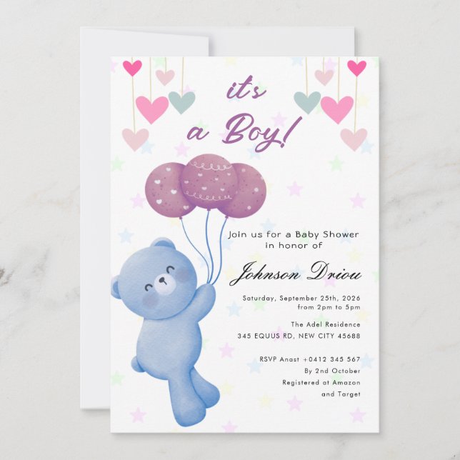Invitación teddy bear balloon baby shower invitation (Anverso)