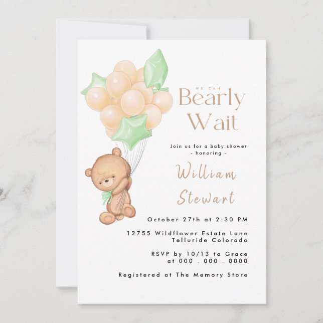Invitación Teddy Bear Balloon Bearly Wait Baby Shower (Anverso)