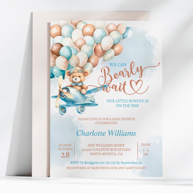 Invitación Teddy Bear Balloon Bearly Wait Baby Shower (We Can Bearly Wait Baby Shower Invitation, We Can Bearly Wait Baby Shower, Blue Teddy Bear, )