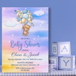 Invitación Teddy Bear Balloon Blue Baby Shower