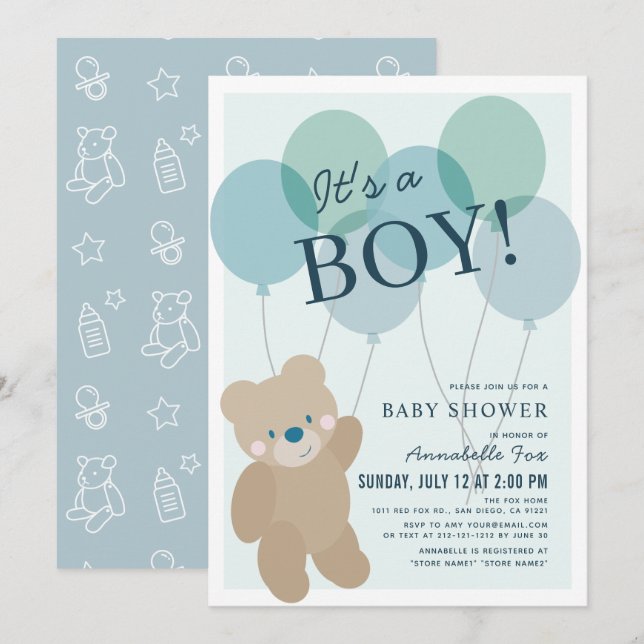 Invitación Teddy Bear Balloon Blue Boy Baby Shower (Anverso / Reverso)