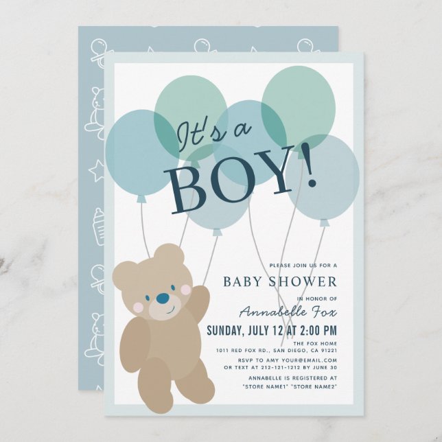 Invitación Teddy Bear Balloon Blue Boy Baby Shower (Anverso / Reverso)
