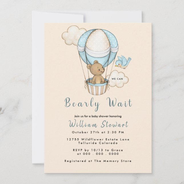 Invitación Teddy Bear Balloon Boy Bearly Wait Baby Shower (Anverso)