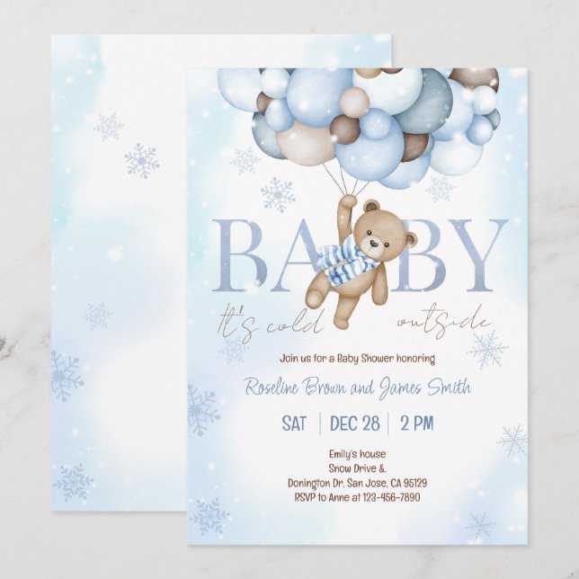 Invitación Teddy Bear Balloon Boy Bearly Wait Baby Shower (Anverso / Reverso)