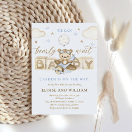 Invitación Teddy Bear Balloon Boy Bearly Wait Baby Shower