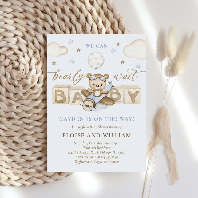 Invitación Teddy Bear Balloon Boy Bearly Wait Baby Shower (Subido por el creador)
