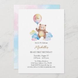 Invitación Teddy Bear Balloon Clouds Beary First Birthday