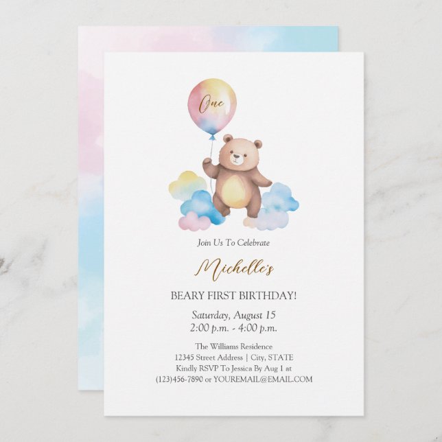 Invitación Teddy Bear Balloon Clouds Beary First Birthday (Anverso / Reverso)