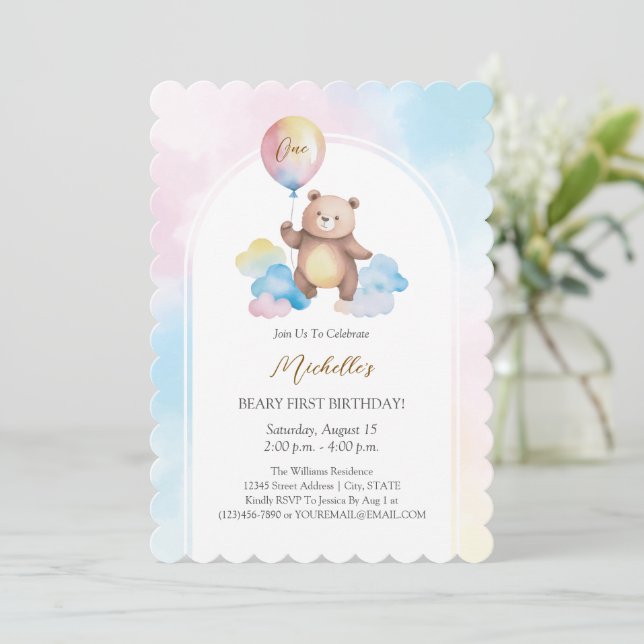 Invitación Teddy Bear Balloon Clouds Beary First Birthday (Anverso de pie)