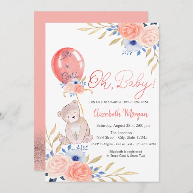 Invitación Teddy Bear Balloon Floral Baby Shower (Anverso / Reverso)