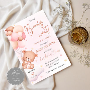 Invitación Teddy Bear Balloon Rubor Watercolor Baby Shower