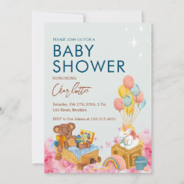 Invitación Teddy Bear Balloon Watercolor Baby Shower