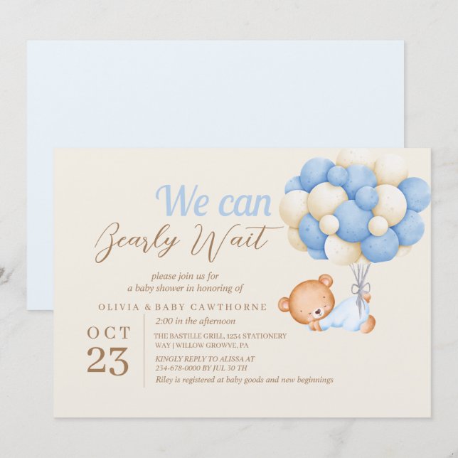 Invitación Teddy Bear Balloons Beige Baby Boy Shower (Anverso / Reverso)