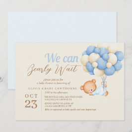 Invitación Teddy Bear Balloons Beige Baby Boy Shower