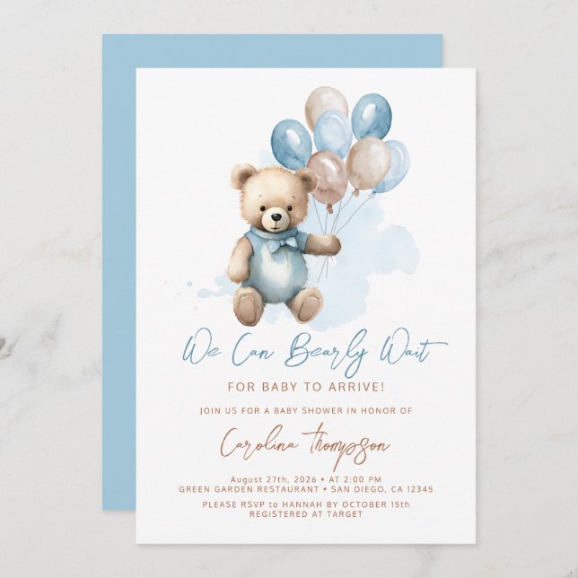 Invitación Teddy Bear Balloons Blue Boy Baby Shower (Anverso / Reverso)