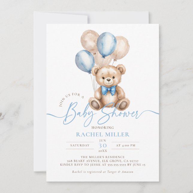 Invitación Teddy Bear Balloons Blue Boy Baby Shower (Anverso)