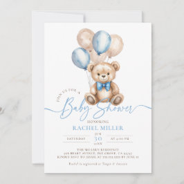 Invitación Teddy Bear Balloons Blue Boy Baby Shower