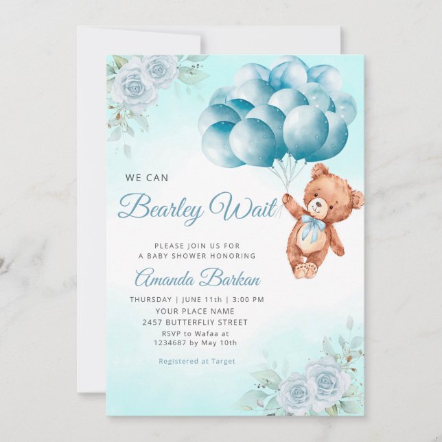 Invitación Teddy Bear Balloons Boy Bearly Wait Baby Shower (Anverso)