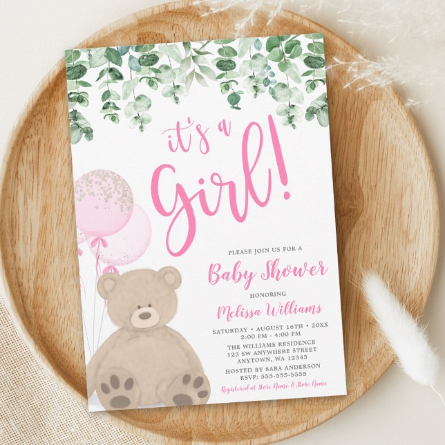 Invitación Teddy Bear Balloons Eucalyptus Chica Baby Shower (Subido por el creador)